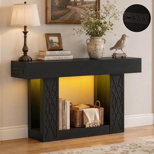 47" Farmhouse Console Table - LED Lights & Outlets, 2-Tier Storage, Lattice Geometric Pattern, Ideal for Entryway, Living Room, Hallway & Foyer