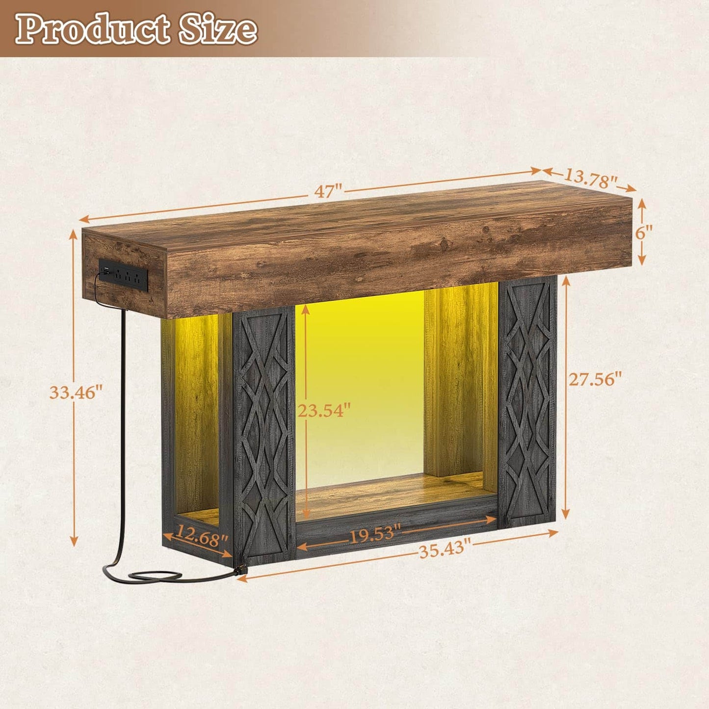 47" Farmhouse Console Table - LED Lights & Outlets, 2-Tier Storage, Lattice Geometric Pattern, Ideal for Entryway, Living Room, Hallway & Foyer