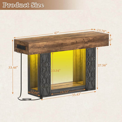 47" Farmhouse Console Table - LED Lights & Outlets, 2-Tier Storage, Lattice Geometric Pattern, Ideal for Entryway, Living Room, Hallway & Foyer
