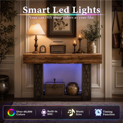 47" Farmhouse Console Table - LED Lights & Outlets, 2-Tier Storage, Lattice Geometric Pattern, Ideal for Entryway, Living Room, Hallway & Foyer