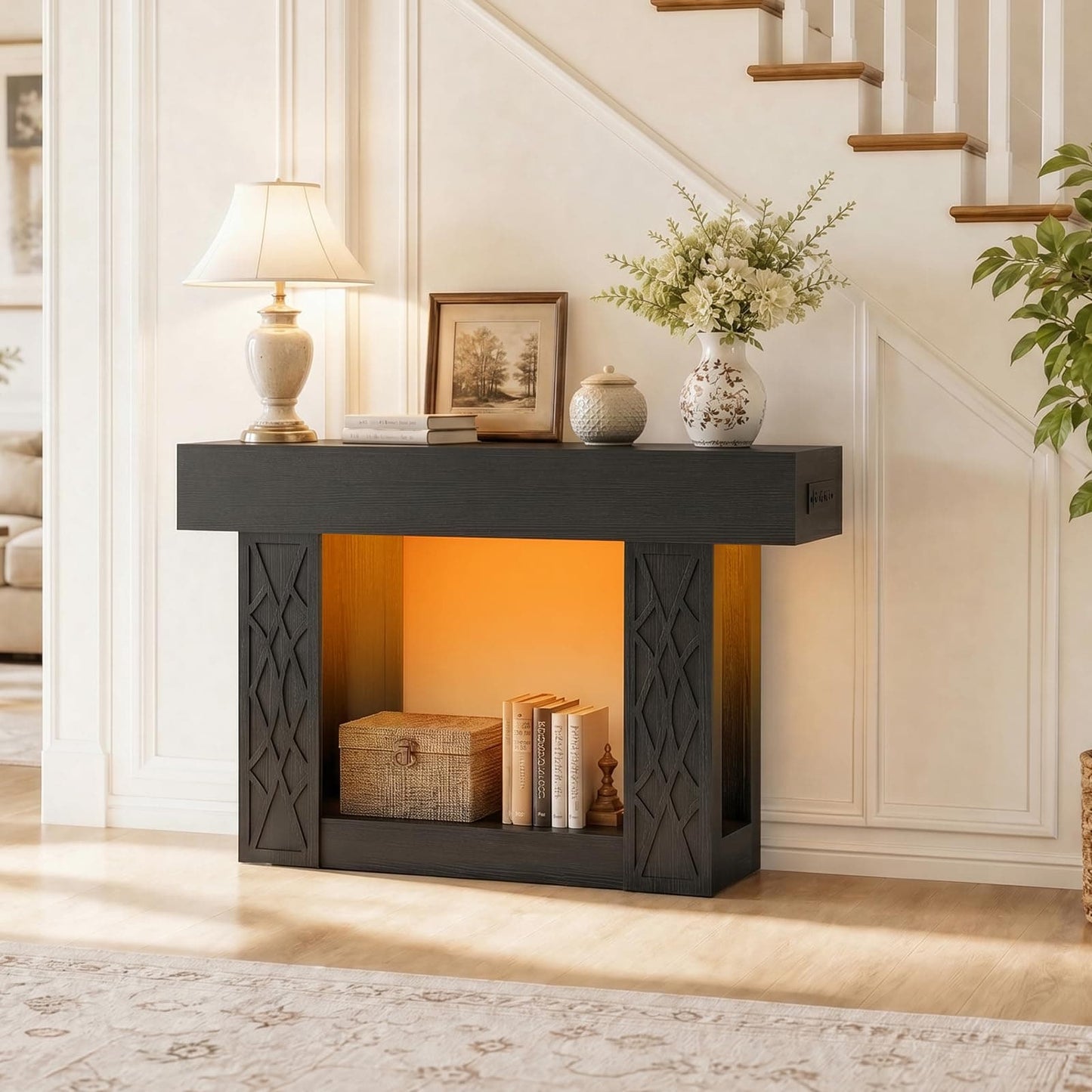 47" Farmhouse Console Table - LED Lights & Outlets, 2-Tier Storage, Lattice Geometric Pattern, Ideal for Entryway, Living Room, Hallway & Foyer
