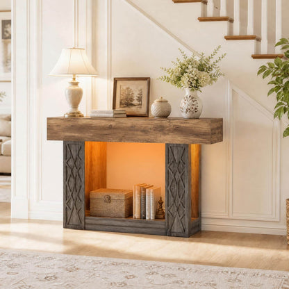 47" Farmhouse Console Table - LED Lights & Outlets, 2-Tier Storage, Lattice Geometric Pattern, Ideal for Entryway, Living Room, Hallway & Foyer