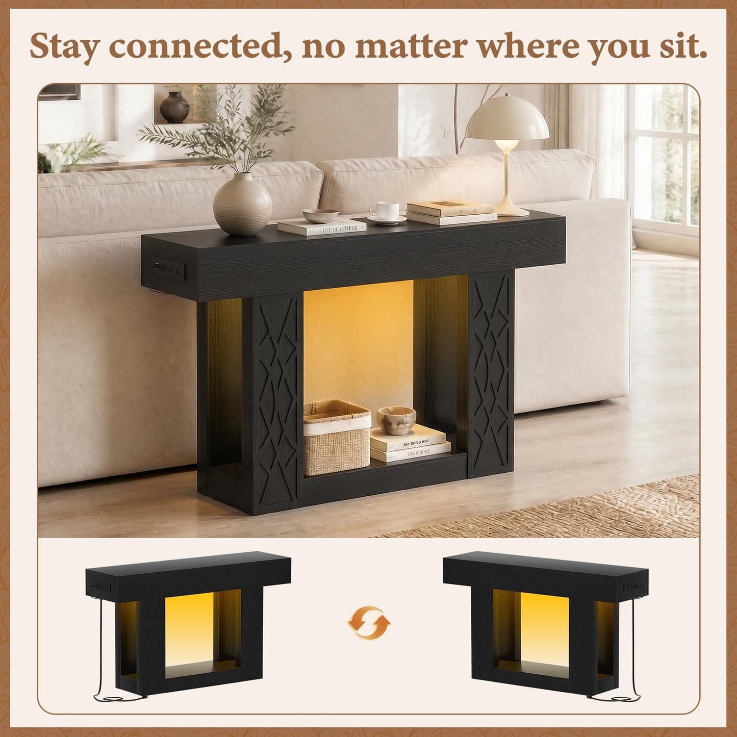 47" Farmhouse Console Table - LED Lights & Outlets, 2-Tier Storage, Lattice Geometric Pattern, Ideal for Entryway, Living Room, Hallway & Foyer