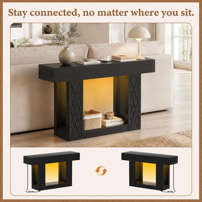 47" Farmhouse Console Table - LED Lights & Outlets, 2-Tier Storage, Lattice Geometric Pattern, Ideal for Entryway, Living Room, Hallway & Foyer