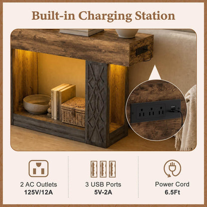 47" Farmhouse Console Table - LED Lights & Outlets, 2-Tier Storage, Lattice Geometric Pattern, Ideal for Entryway, Living Room, Hallway & Foyer