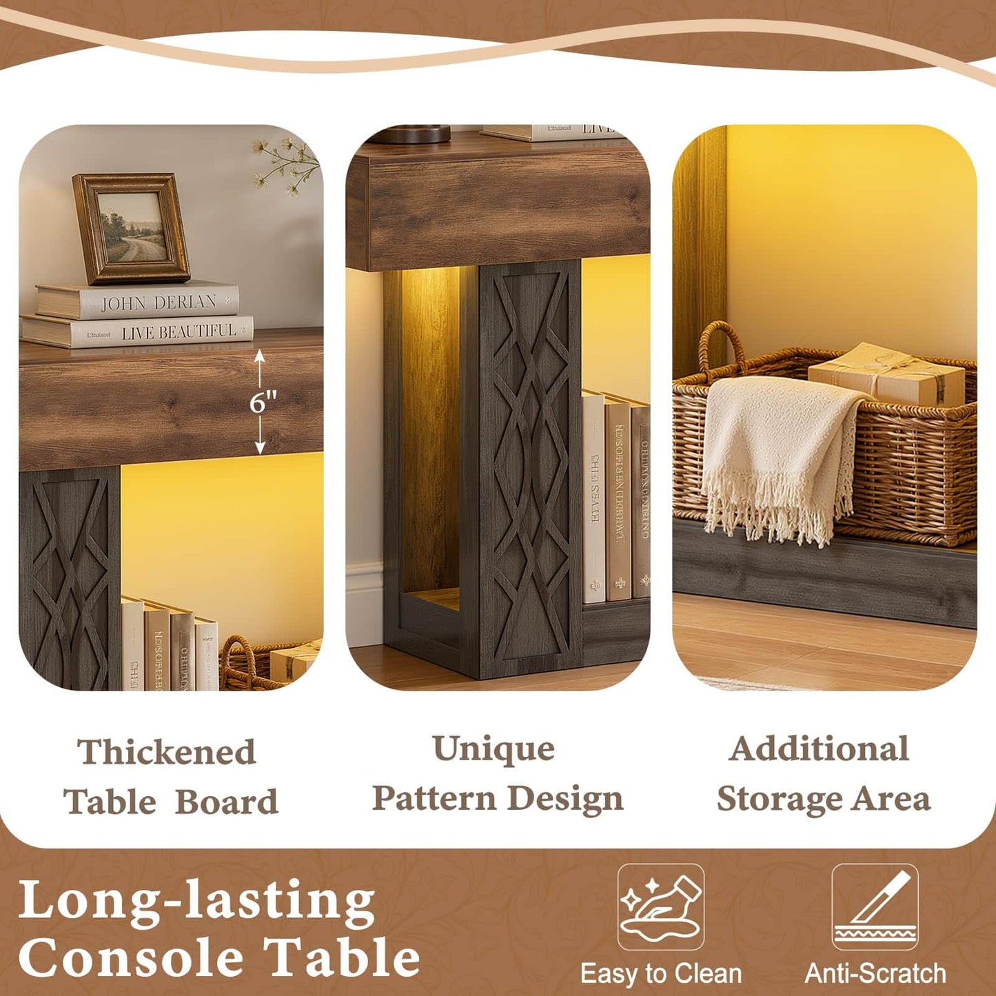 47" Farmhouse Console Table - LED Lights & Outlets, 2-Tier Storage, Lattice Geometric Pattern, Ideal for Entryway, Living Room, Hallway & Foyer