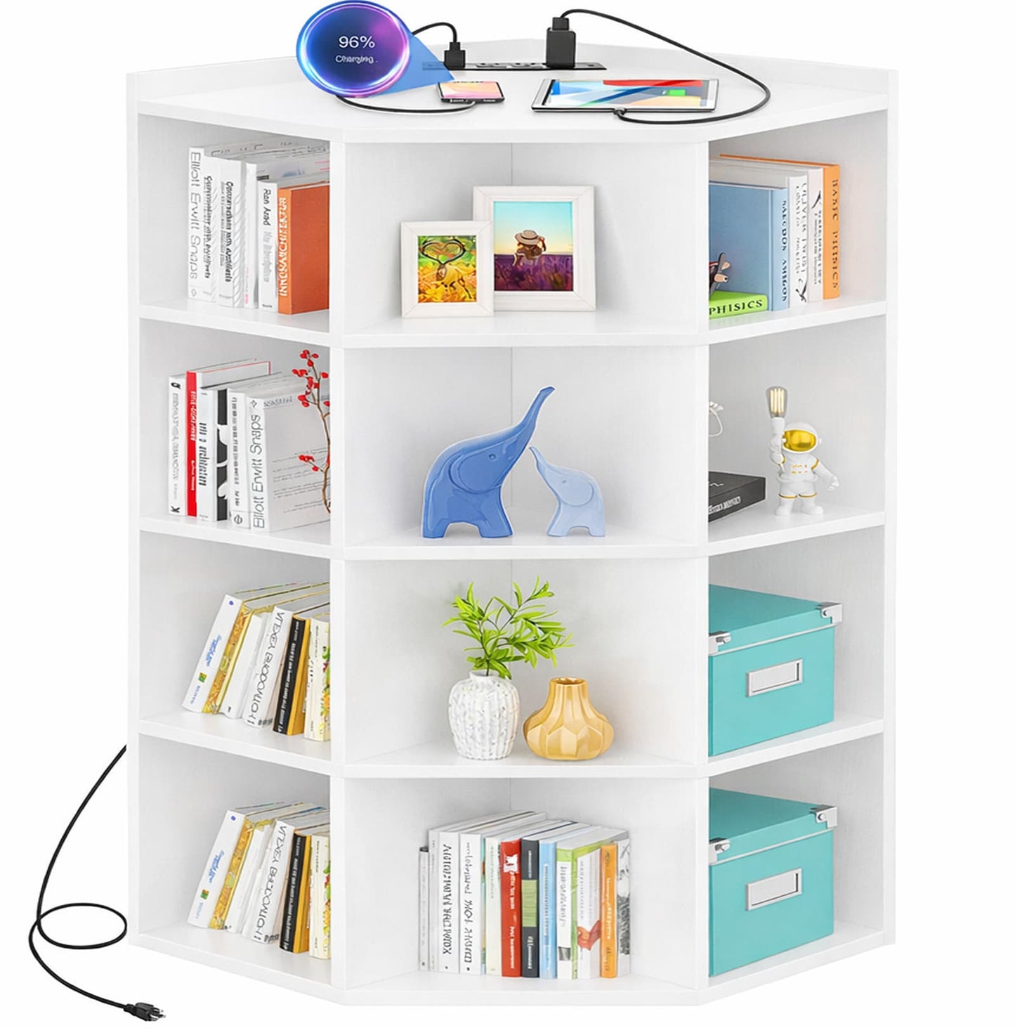 5-Tier Corner Cabinet with Power Outlets & 12 Storage Cubes - Wooden L-Shaped Bookshelf, Toy Organizer