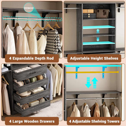Closet System, 8FT Closet Organizer with 4 Wooden Drawers, Wood Closet Organizer System with Tower, Walk-in Closet Organizer Wardrobe