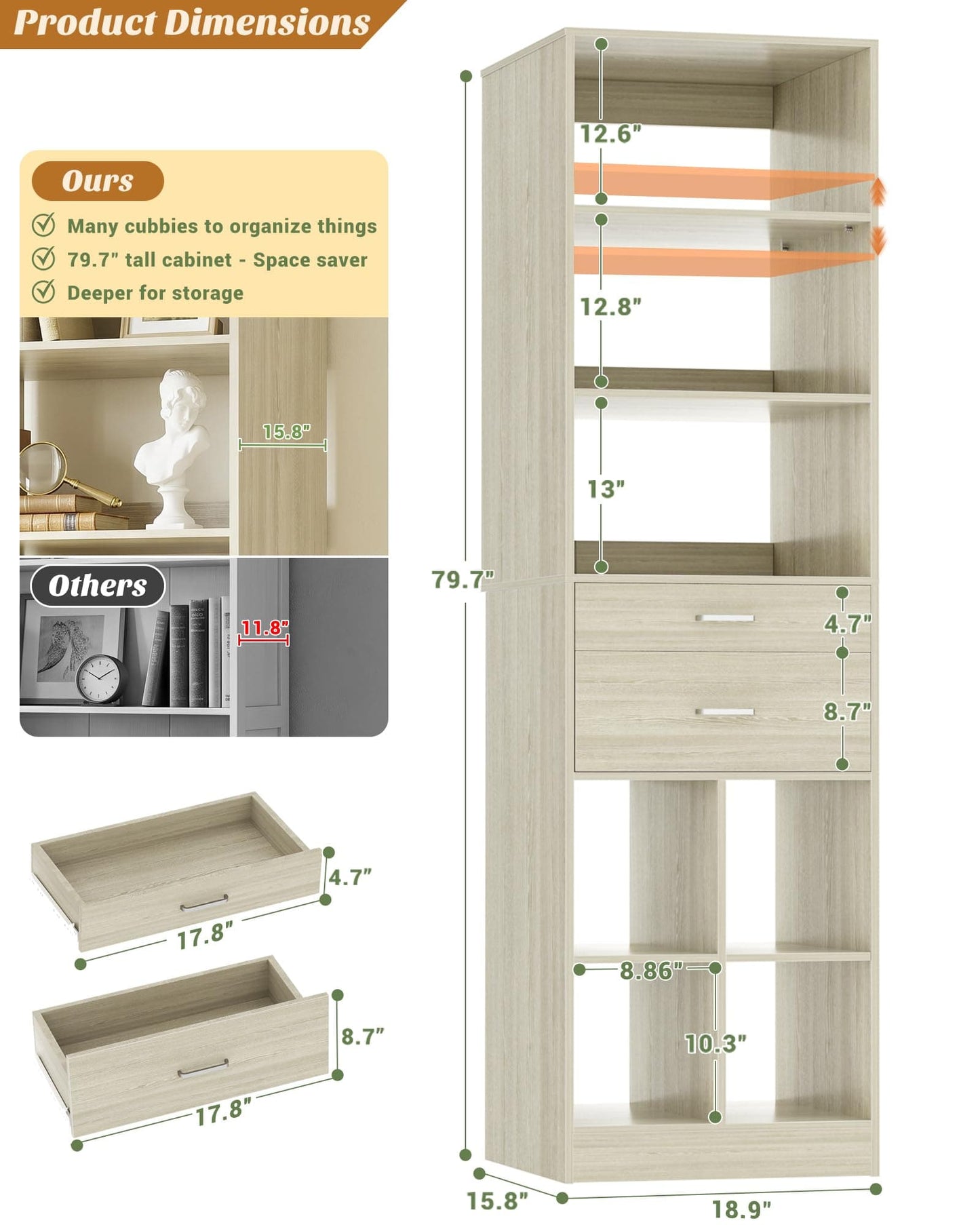 Tall Vertical Closet System, 18.9" Width Freestanding Wardrobe Storage Unit with Adjustable Shelves & Smooth-Glide Drawers