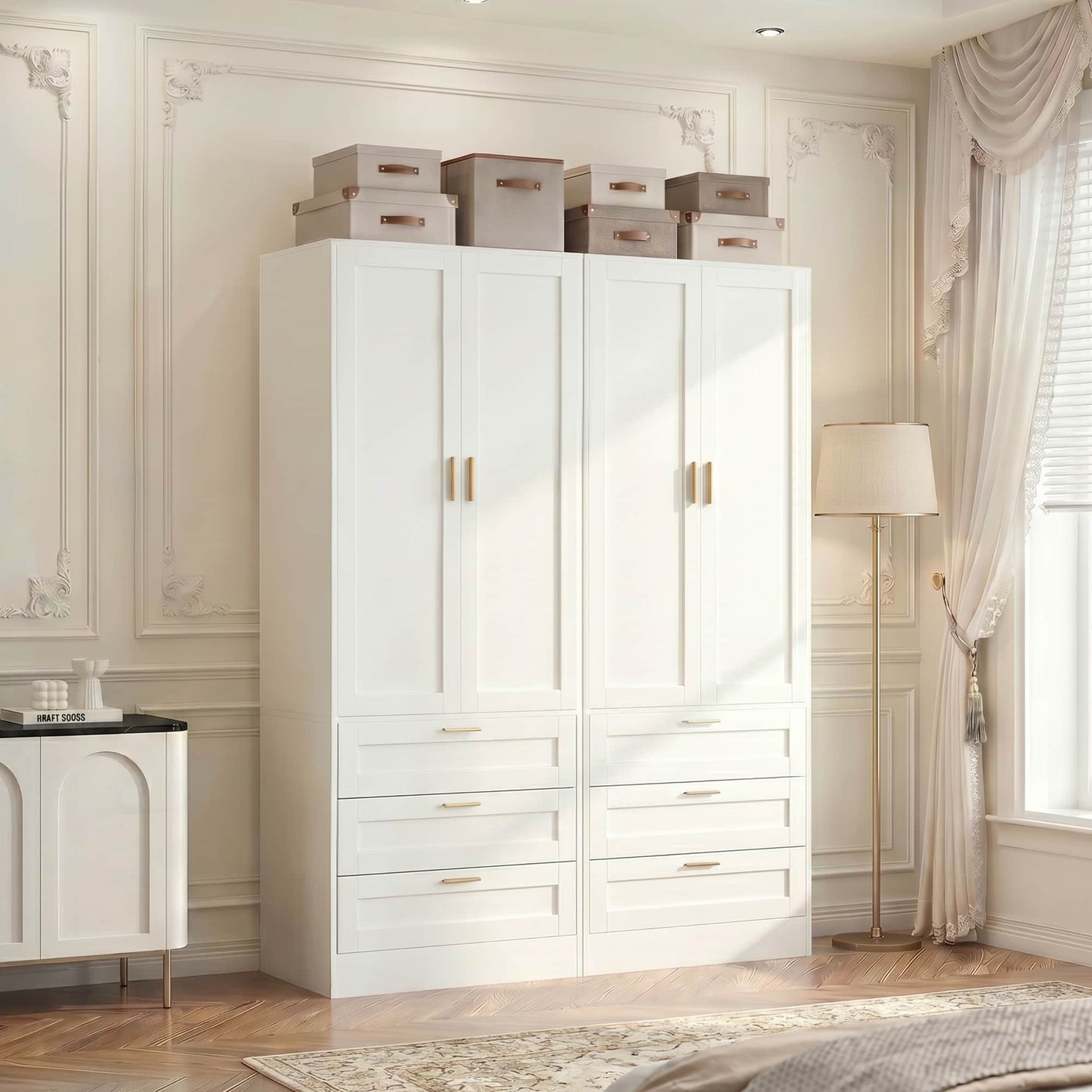 Double Armoire Wardrobe Closet Set - 71" Tall 2-in-1 Storage Cabinets with 6 Drawers, 2 Hanging Rods, 20" Extra Depth, Soft-Close Hinges & Metal Handles