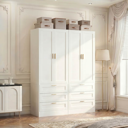 Double Armoire Wardrobe Closet Set - 71" Tall 2-in-1 Storage Cabinets with 6 Drawers, 2 Hanging Rods, 20" Extra Depth, Soft-Close Hinges & Metal Handles