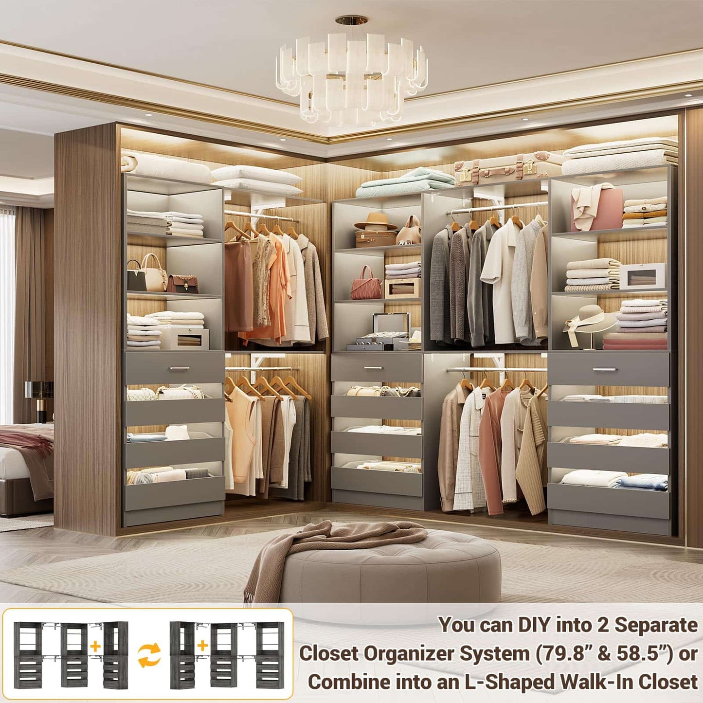 3-Piece L-Shaped Walk-in Closet Organizer System, 138.5" Wood Closet Tower with 12 Drawers & 4 Expandable Hanging Rods, Customizable Wardrobe Storage Set for Bedroom, Apartment
