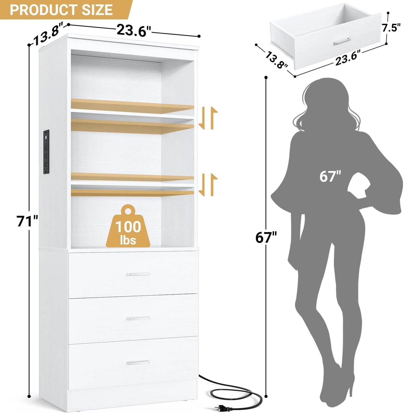 71" Tall Bookcases with 3 Large Drawers & 3 Shelves, Wooden Bookshelf for Living Room Offic