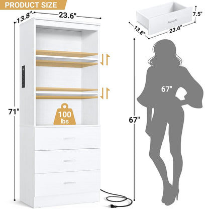 71" Tall Bookcases with 3 Large Drawers & 3 Shelves, Wooden Bookshelf for Living Room Offic