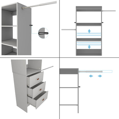 Adjustable 5-8FT Wall-Mounted Closet Organizer System with 3 Hanging Rods & 3 Wood Drawers