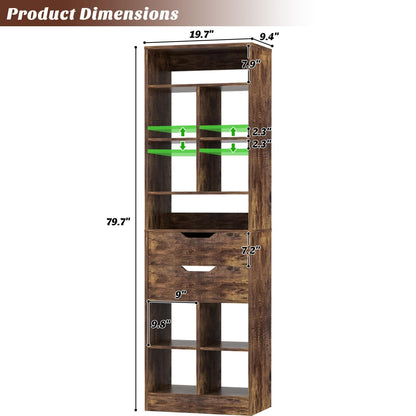 Tall Closet Organizer with 2 Drawers, 79.7" Narrow Freestanding Storage Cabinet, Space-Saving Wood Garment Organizer for Bedroom, Entryway