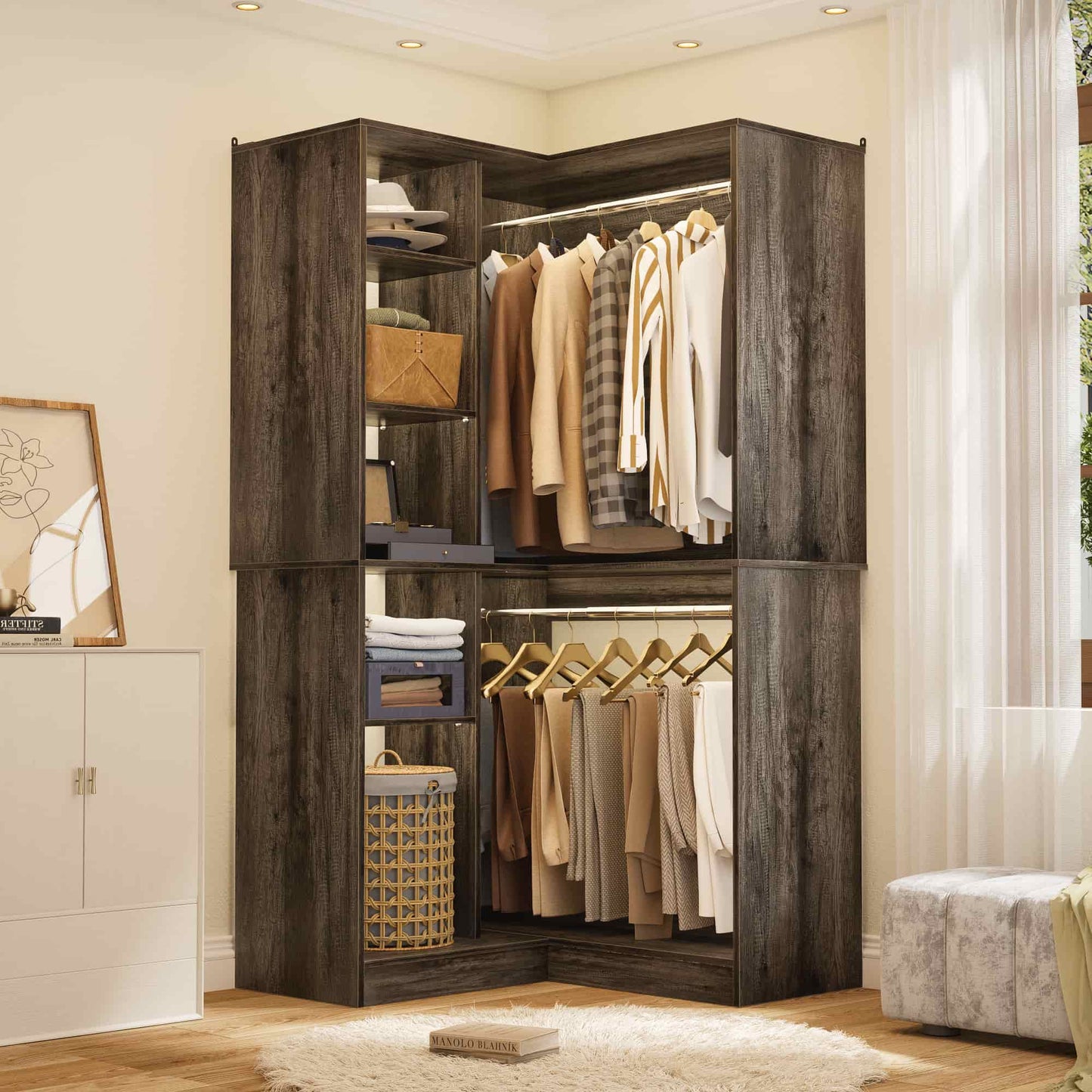 36" Corner Closet System - 2 Rods, Hutches, and 5 Shelves for Versatile Storage, Sturdy and Durable Design Armoire Closet Organizer