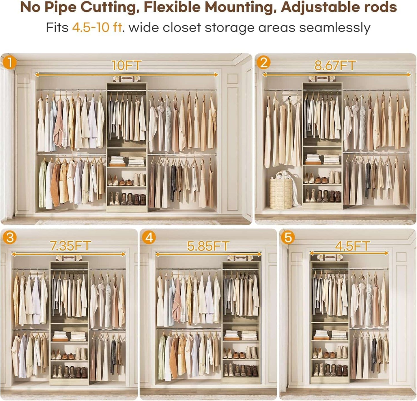 20.5-120'' W Closet Organizer System with 5 Hanging Rods, Shelving Tower