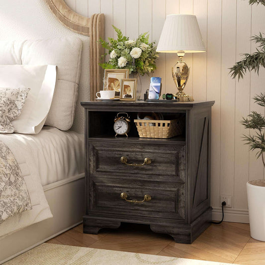 Nightstand with Charging Station -2 USB Ports, 3 AC Outlets, Farmhouse Rustic Wood End Table with 2 Drawers & Open Shelf