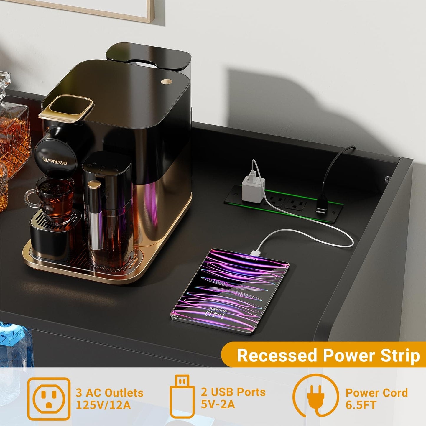 Assembled Wine Bar Cabinet with Power Outlet and LED Lights
