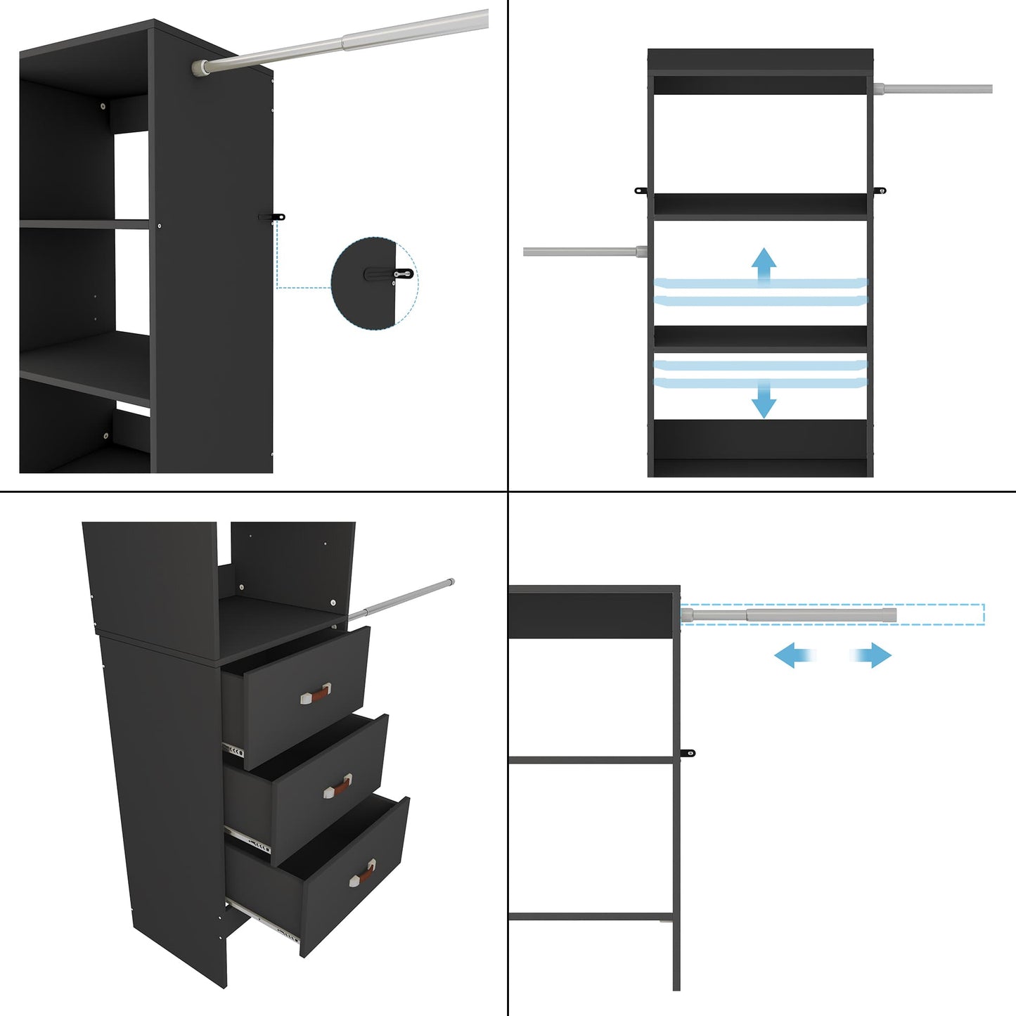 Adjustable 5-8FT Wall-Mounted Closet Organizer System with 3 Hanging Rods & 3 Wood Drawers