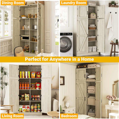 Farmhouse Kitchen Pantry Storage Cabinet with Adjustable Shelves and Barn Doors