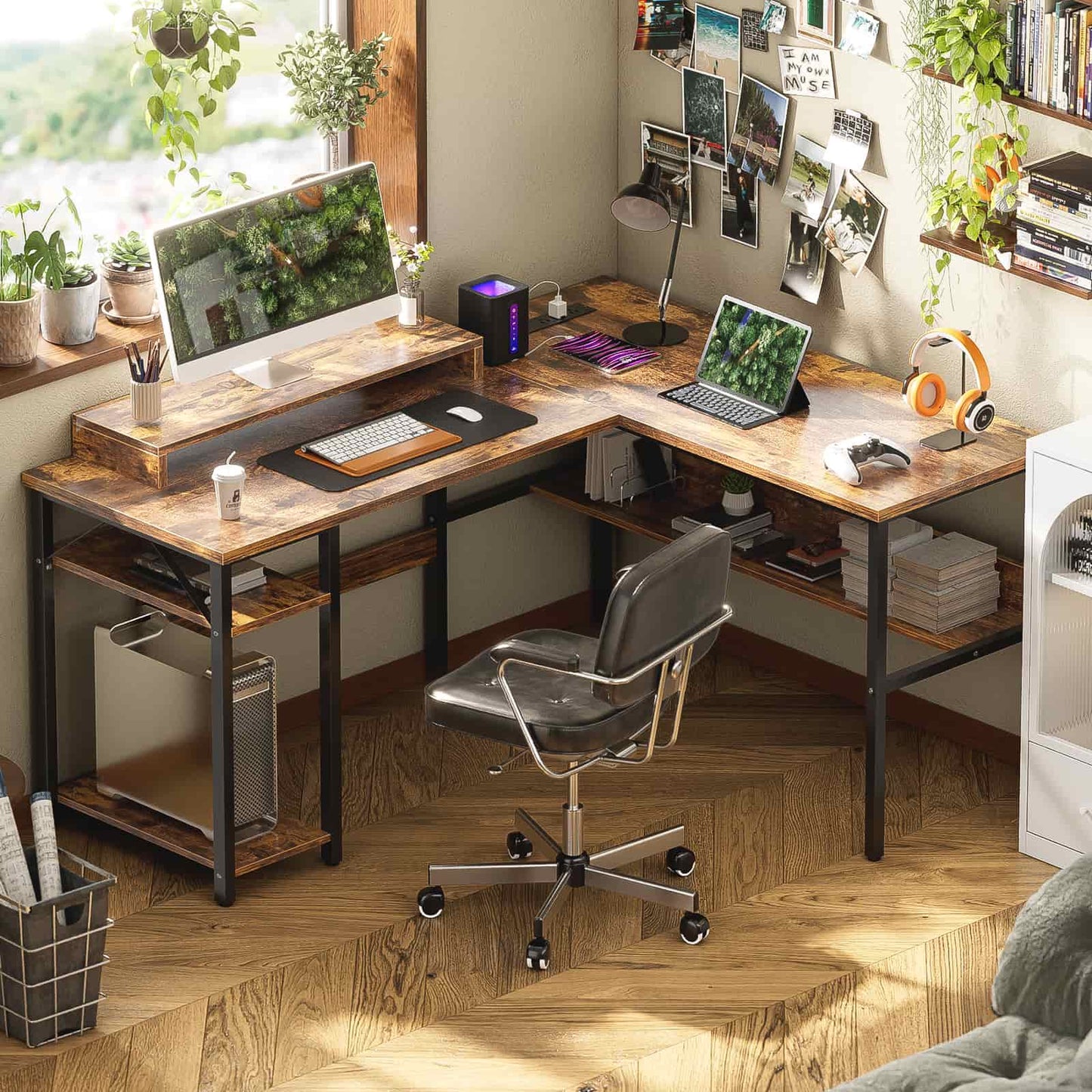 Reversible L Shaped Desk with Magic Power Outlets and USB Charging Ports