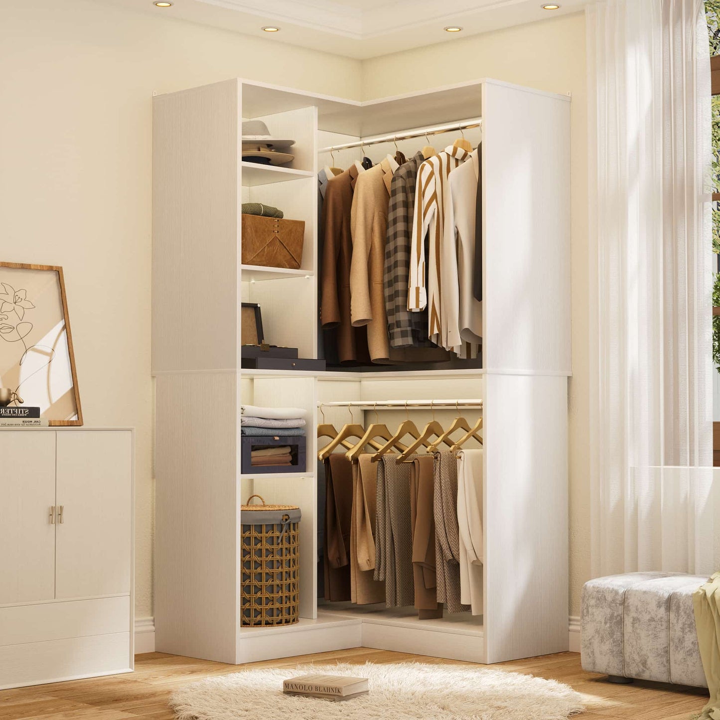 36" Corner Closet System - 2 Rods, Hutches, and 5 Shelves for Versatile Storage, Sturdy and Durable Design Armoire Closet Organizer