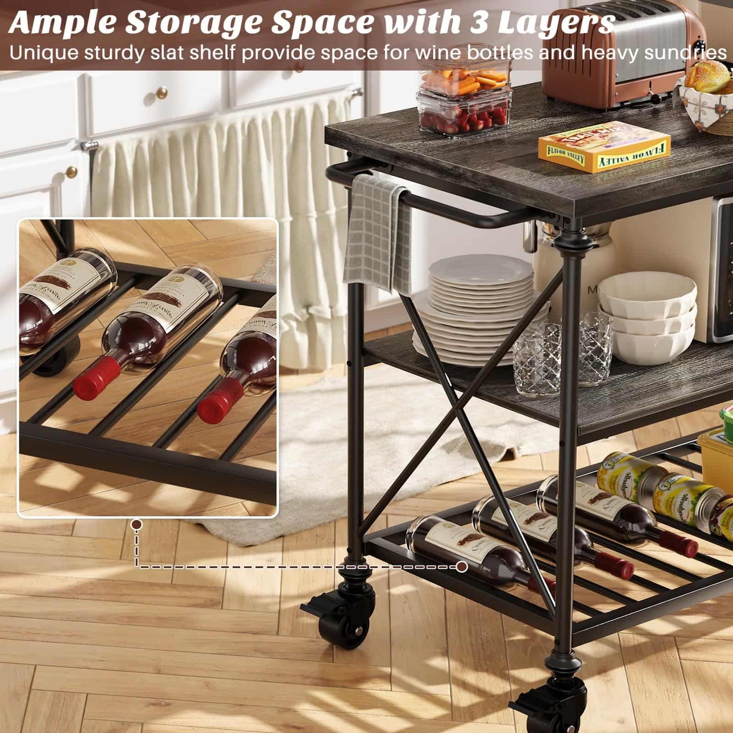 Industrial Mobile Kitchen Island Cart with Wheels: 3-Tier Storage, Lockable Casters for Kitchen, Dining & Small Spaces
