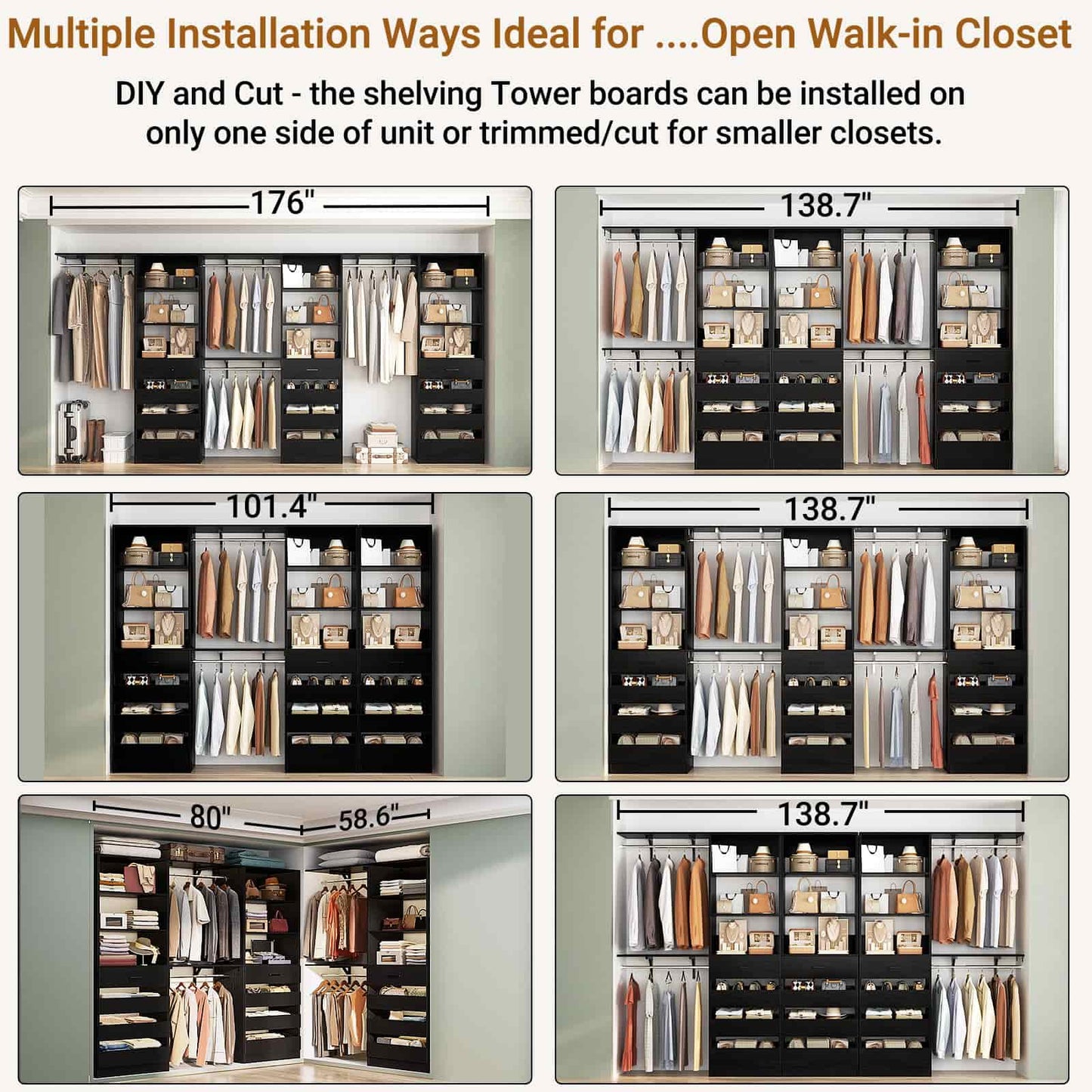 3-Piece L-Shaped Walk-in Closet Organizer System, 138.5" Wood Closet Tower with 12 Drawers & 4 Expandable Hanging Rods, Customizable Wardrobe Storage Set for Bedroom, Apartment