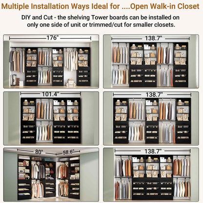 3-Piece L-Shaped Walk-in Closet Organizer System, 138.5" Wood Closet Tower with 12 Drawers & 4 Expandable Hanging Rods, Customizable Wardrobe Storage Set for Bedroom, Apartment