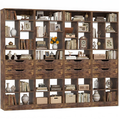 Set of 2 9-Tier Tall Narrow Bookshelves with 4 Drawers, 80" Freestanding Wood Storage Bookcase, Space-Saving Display Shelving for Small Spaces, Living Room, Home Office, Bedroom