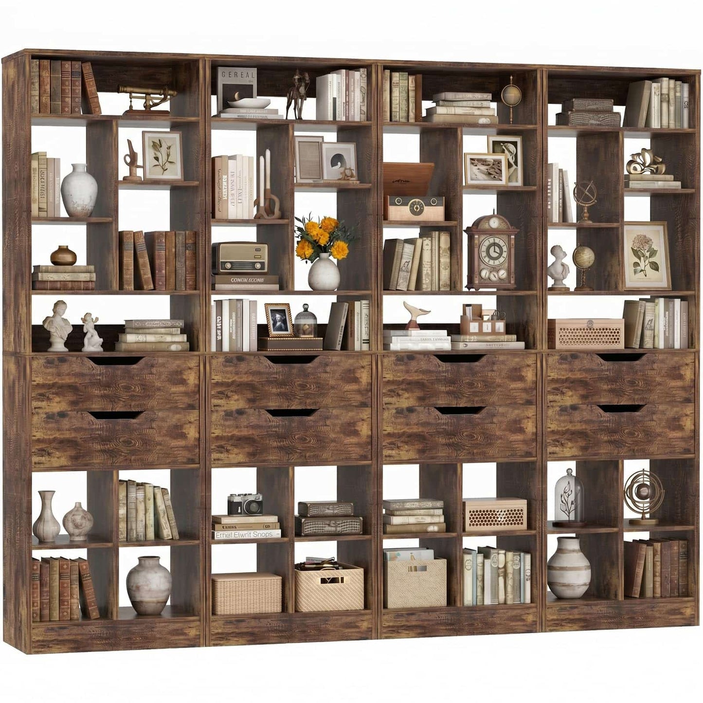 4-Pack 9-Tier Tall Bookshelves with 2 Drawers, 80" Narrow Freestanding Bookcases, Space-Saving Wood Display Storage Shelves for Living Room, Home Office, Bedroom