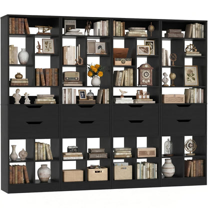Set of 2 9-Tier Tall Narrow Bookshelves with 4 Drawers, 80" Freestanding Wood Storage Bookcase, Space-Saving Display Shelving for Small Spaces, Living Room, Home Office, Bedroom