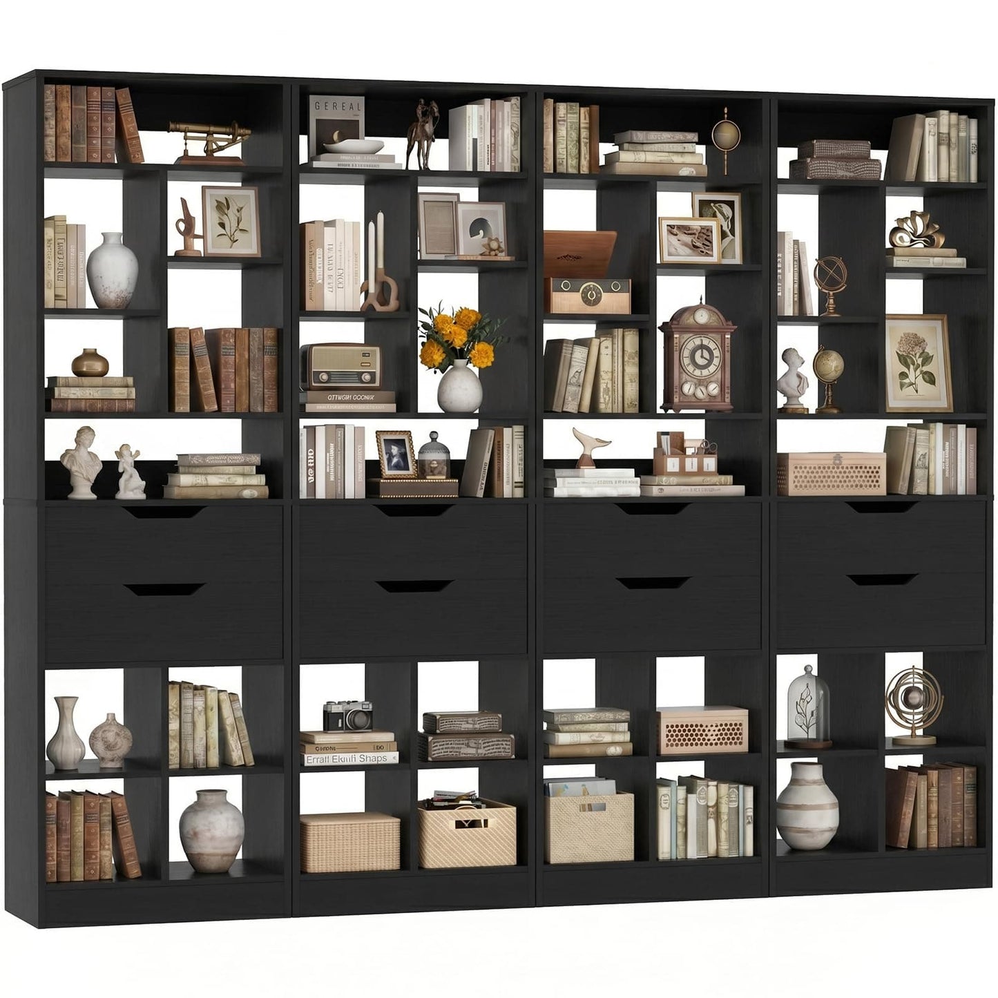 4-Pack 9-Tier Tall Bookshelves with 2 Drawers, 80" Narrow Freestanding Bookcases, Space-Saving Wood Display Storage Shelves for Living Room, Home Office, Bedroom