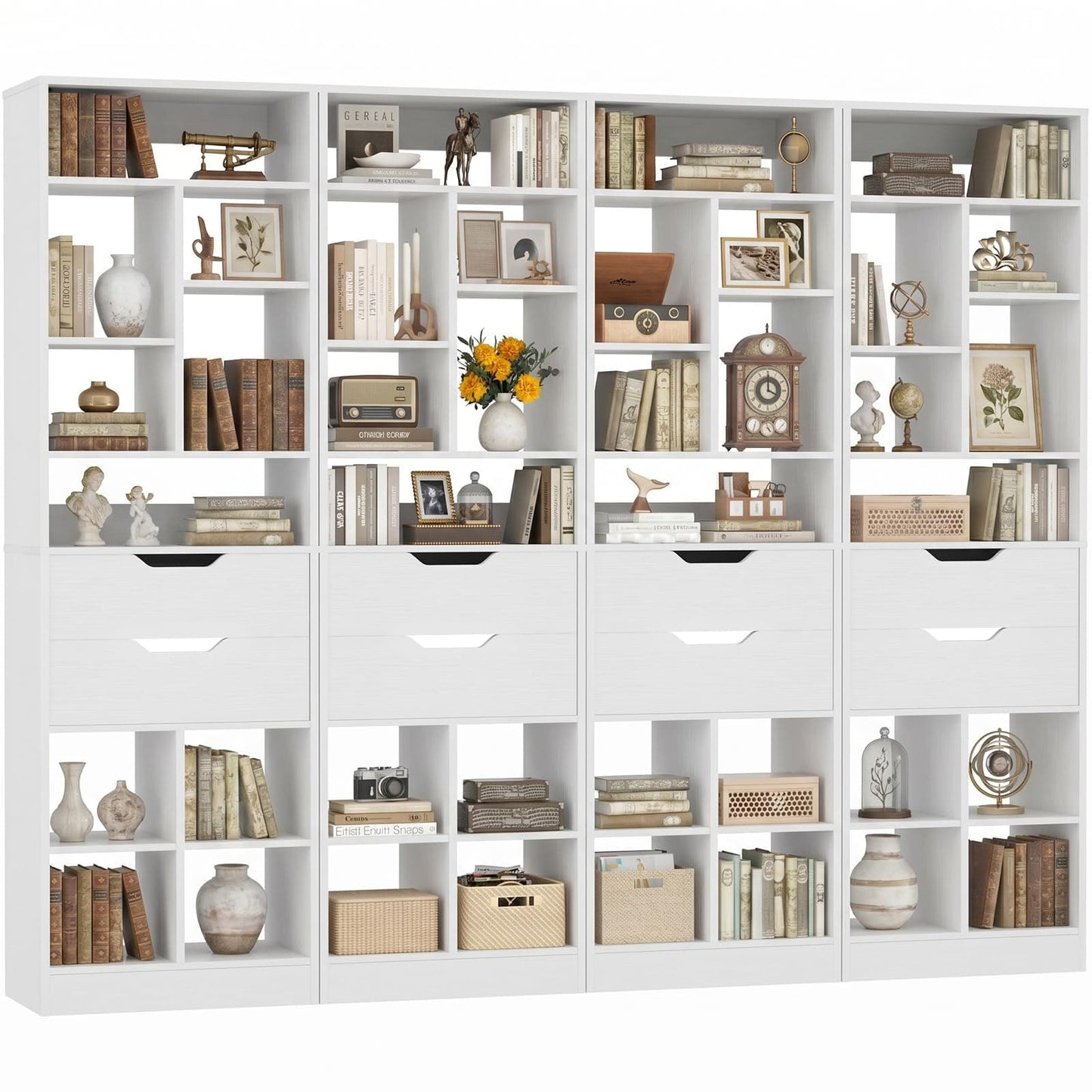 Set of 2 9-Tier Tall Narrow Bookshelves with 4 Drawers, 80" Freestanding Wood Storage Bookcase, Space-Saving Display Shelving for Small Spaces, Living Room, Home Office, Bedroom