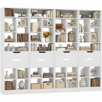 Set of 2 9-Tier Tall Narrow Bookshelves with 4 Drawers, 80" Freestanding Wood Storage Bookcase, Space-Saving Display Shelving for Small Spaces, Living Room, Home Office, Bedroom