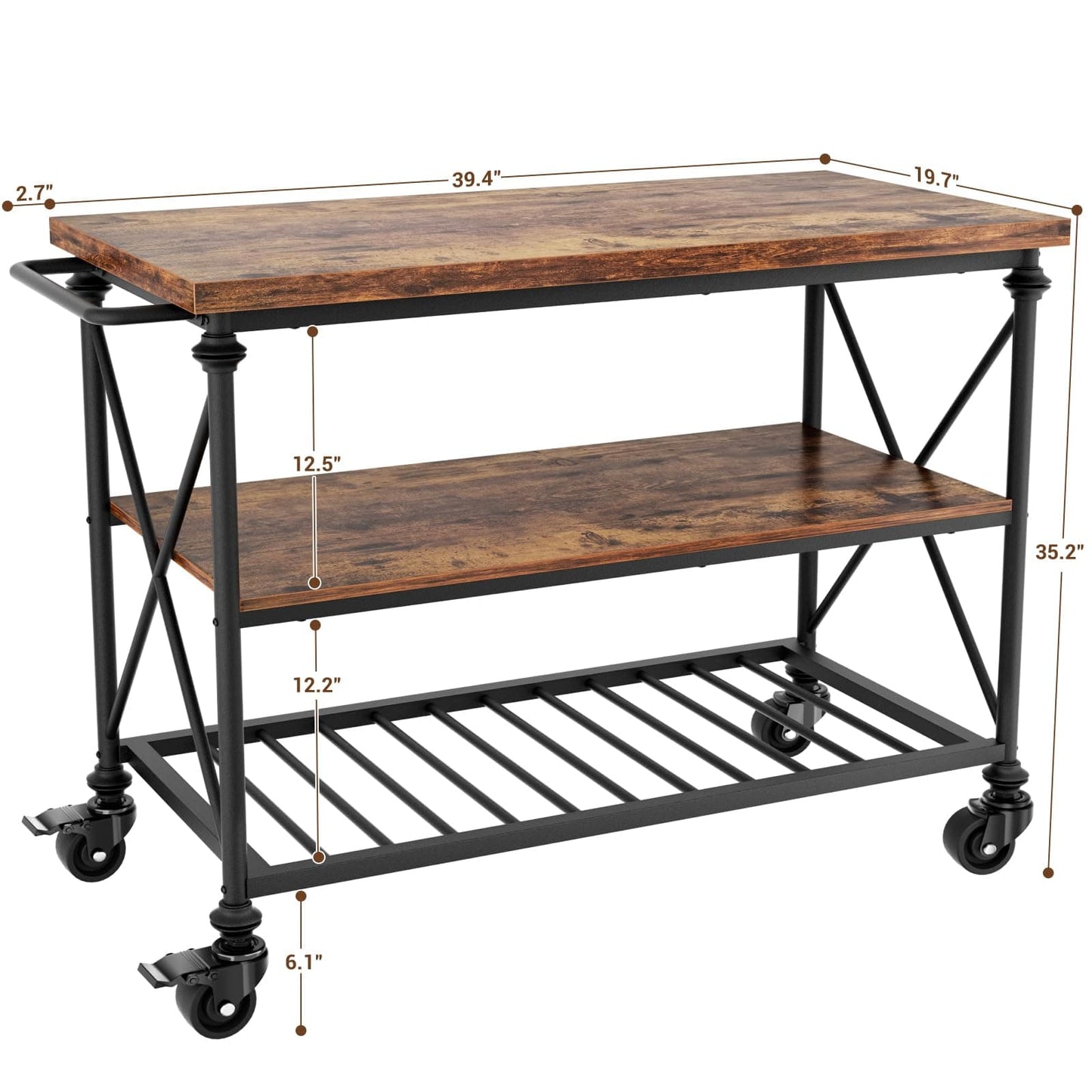 Industrial Mobile Kitchen Island Cart with Wheels: 3-Tier Storage, Lockable Casters for Kitchen, Dining & Small Spaces