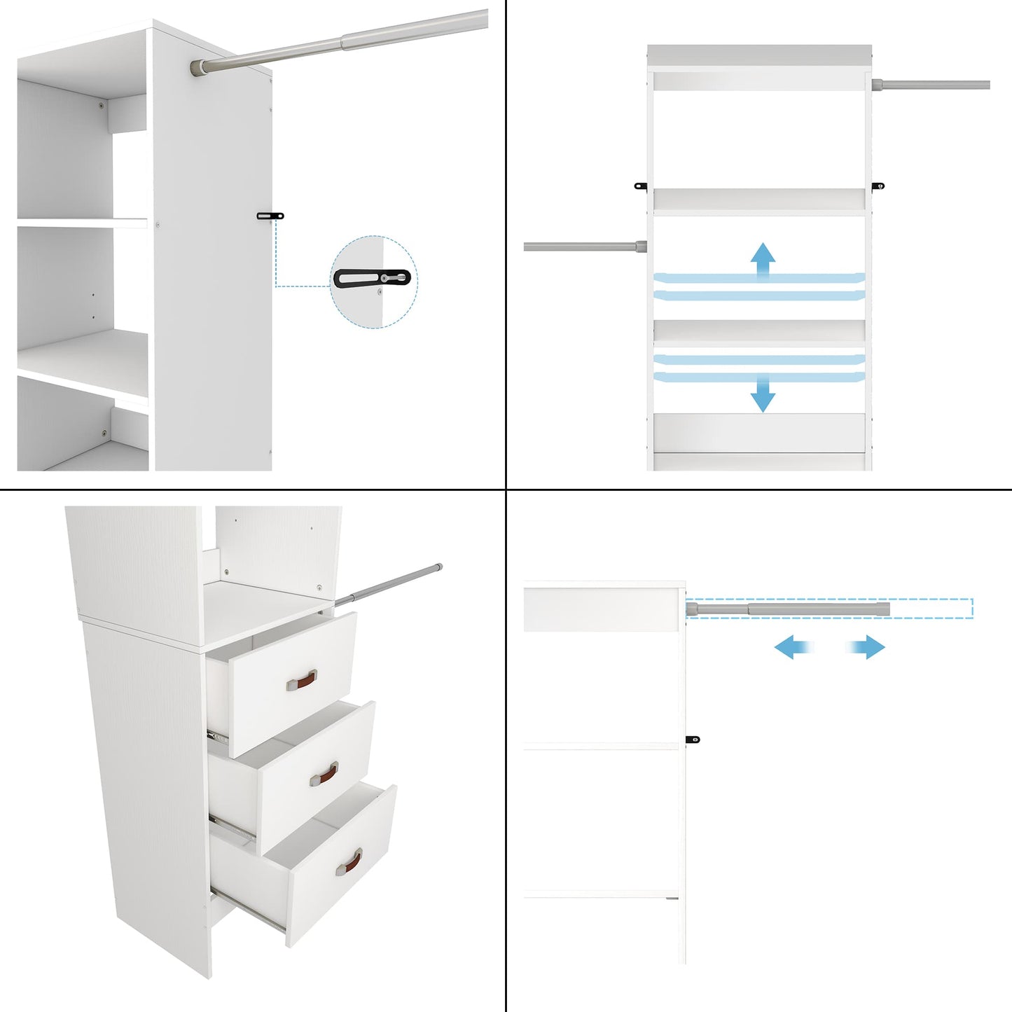 Adjustable 5-8FT Wall-Mounted Closet Organizer System with 3 Hanging Rods & 3 Wood Drawers