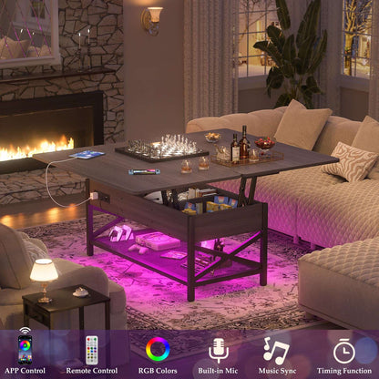 Coffee Table Lift Top with LED Light and Power Outlet, Multi-Function Coffee Table Converts to Dining Table