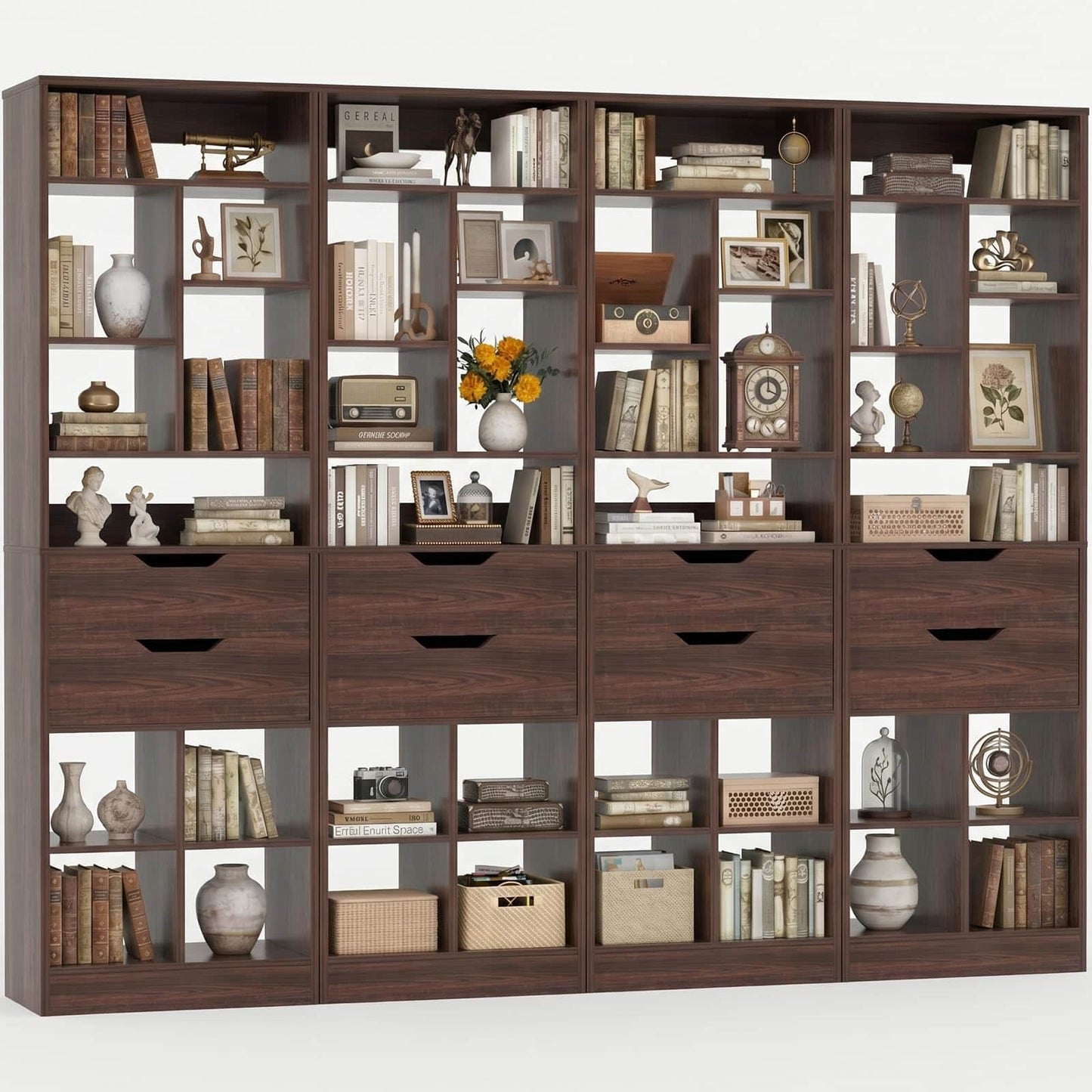 4-Pack 9-Tier Tall Bookshelves with 2 Drawers, 80" Narrow Freestanding Bookcases, Space-Saving Wood Display Storage Shelves for Living Room, Home Office, Bedroom