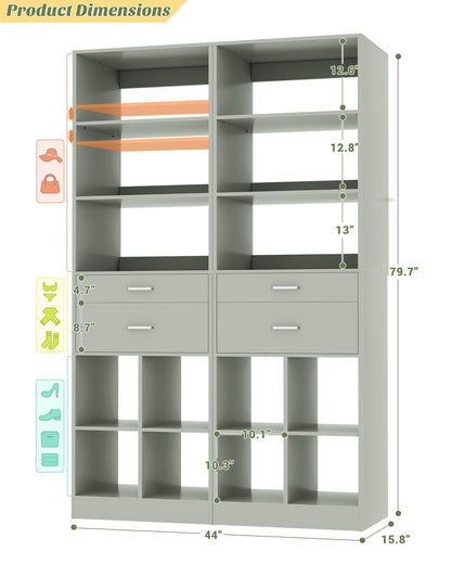 4-Pack 22" Closet System with Drawers, Customizable Walk-in Closet Organizer Set for Bedroom & Dressing Room