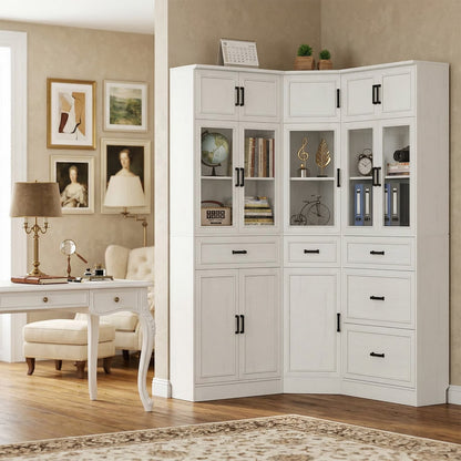 80" Farmhouse Corner Cabinet + Freestanding Pantry Set with Adjustable Shelves, Tempered Glass Doors, Versatile Storage