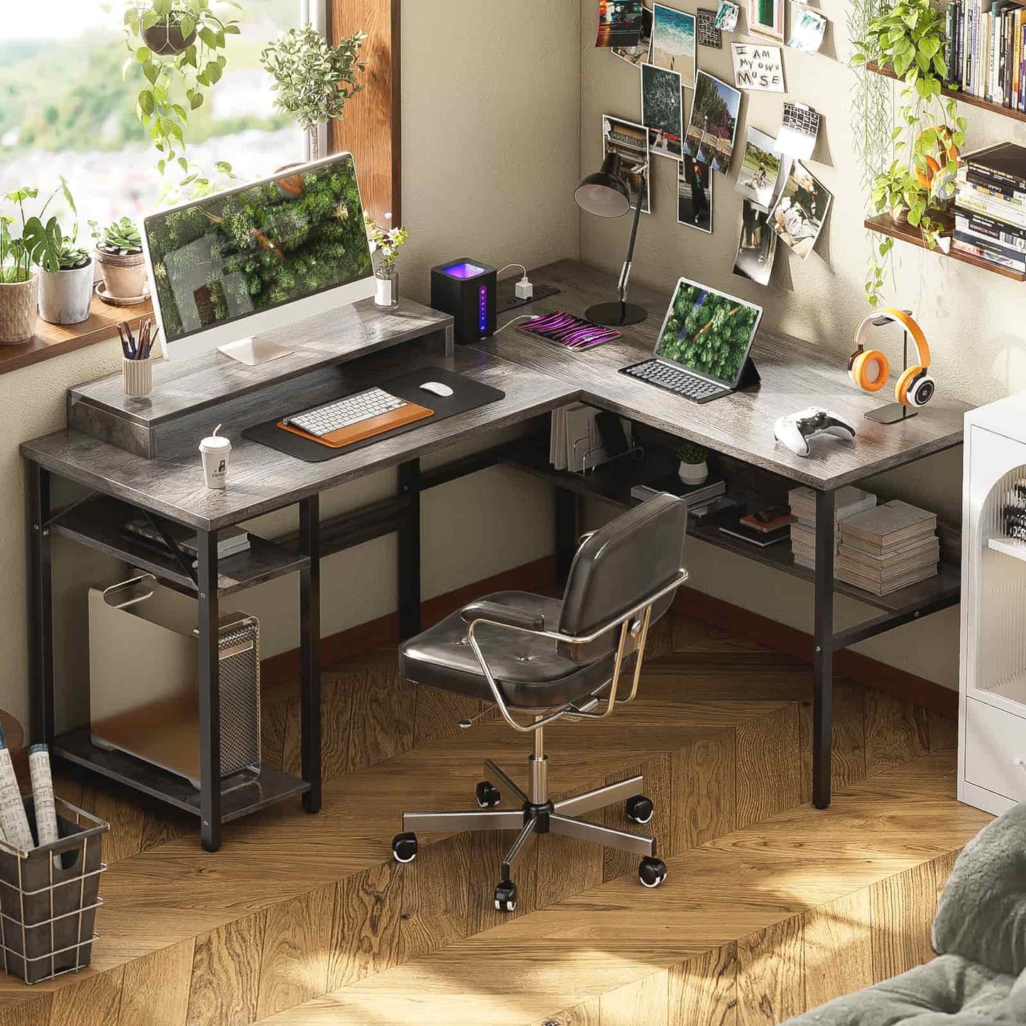 Reversible L Shaped Desk with Magic Power Outlets and USB Charging Ports