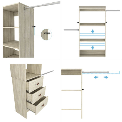 Adjustable 5-8FT Wall-Mounted Closet Organizer System with 3 Hanging Rods & 3 Wood Drawers
