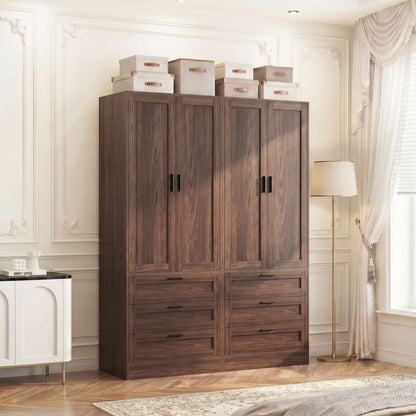 Double Armoire Wardrobe Closet Set - 71" Tall 2-in-1 Storage Cabinets with 6 Drawers, 2 Hanging Rods, 20" Extra Depth, Soft-Close Hinges & Metal Handles