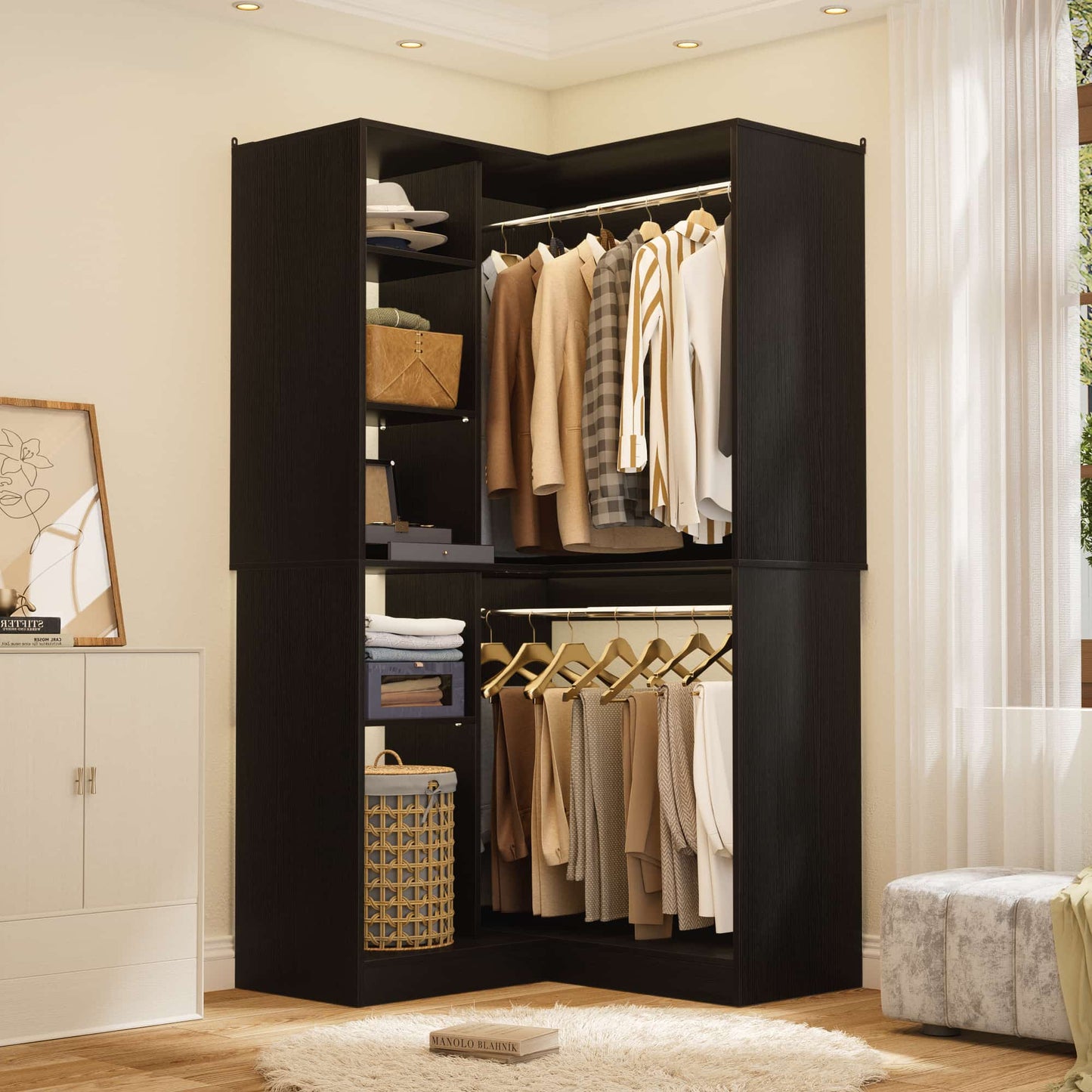 36" Corner Closet System - 2 Rods, Hutches, and 5 Shelves for Versatile Storage, Sturdy and Durable Design Armoire Closet Organizer