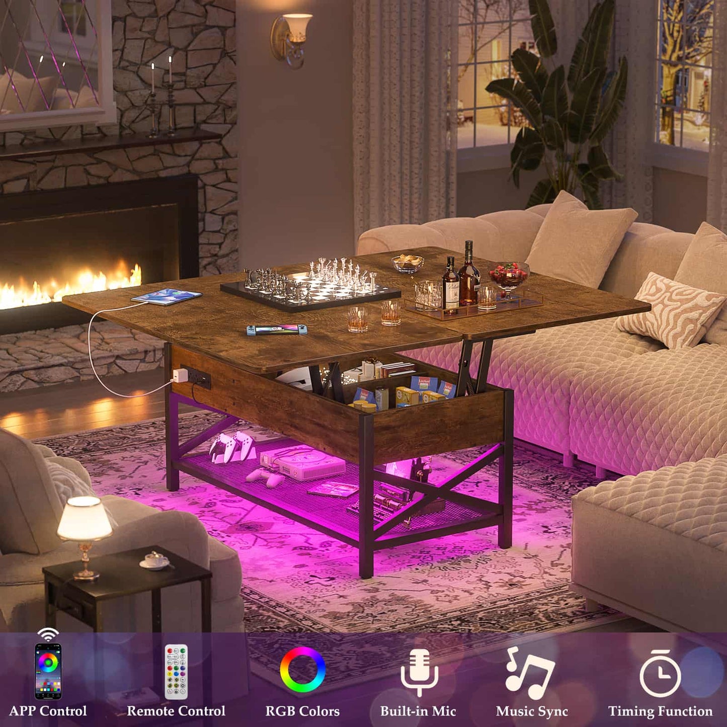 Coffee Table Lift Top with LED Light and Power Outlet, Multi-Function Coffee Table Converts to Dining Table