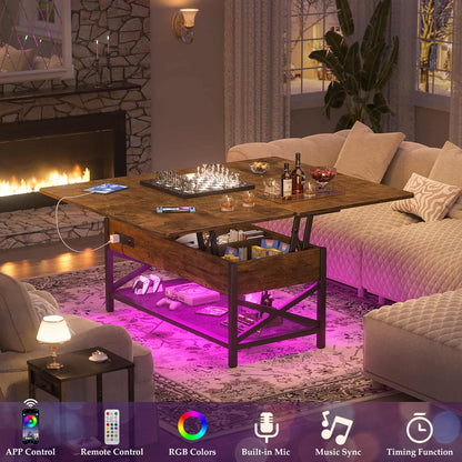 Coffee Table Lift Top with LED Light and Power Outlet, Multi-Function Coffee Table Converts to Dining Table
