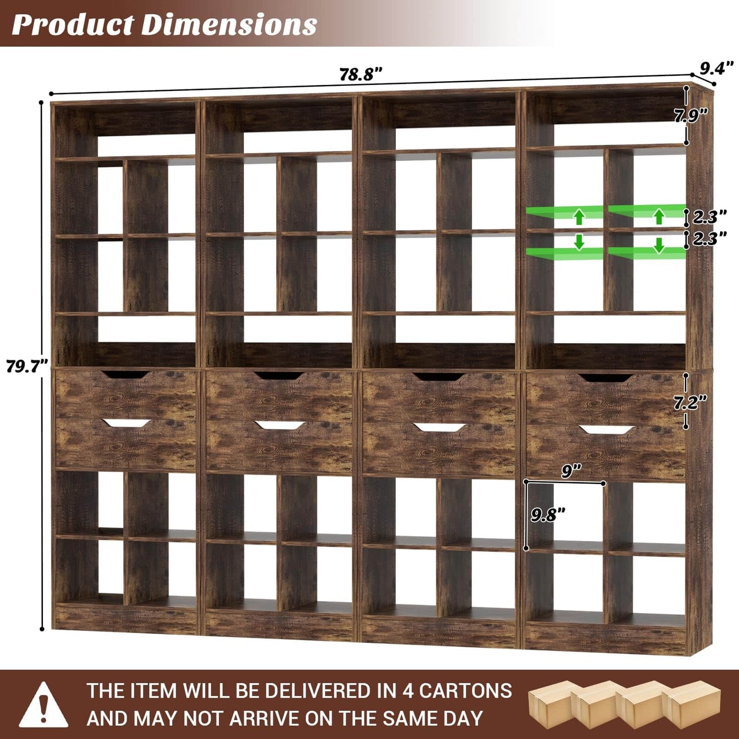 4-Pack 9-Tier Tall Bookshelves with 2 Drawers, 80" Narrow Freestanding Bookcases, Space-Saving Wood Display Storage Shelves for Living Room, Home Office, Bedroom